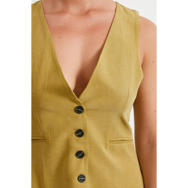 Cep Kapaklı Keten Yelek Olive