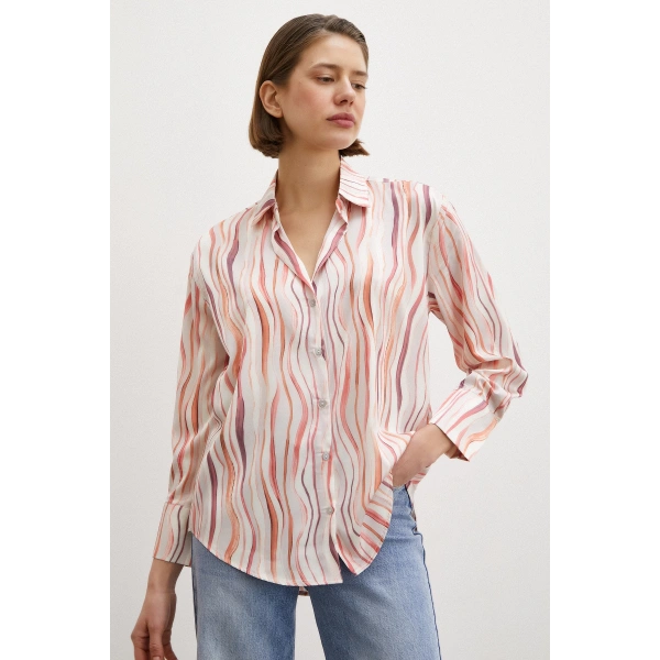 Dalga Çizgili V Yaka Gömlek Oranj