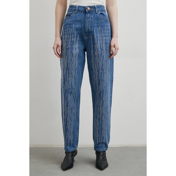 Taş İşlemeli Mom Jean Mavi