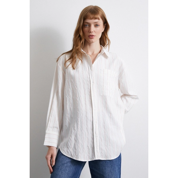 Çizgili Cepli Gömlek Pembe