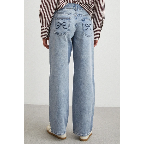 Düşük Bel Wide Leg Jean Mavi