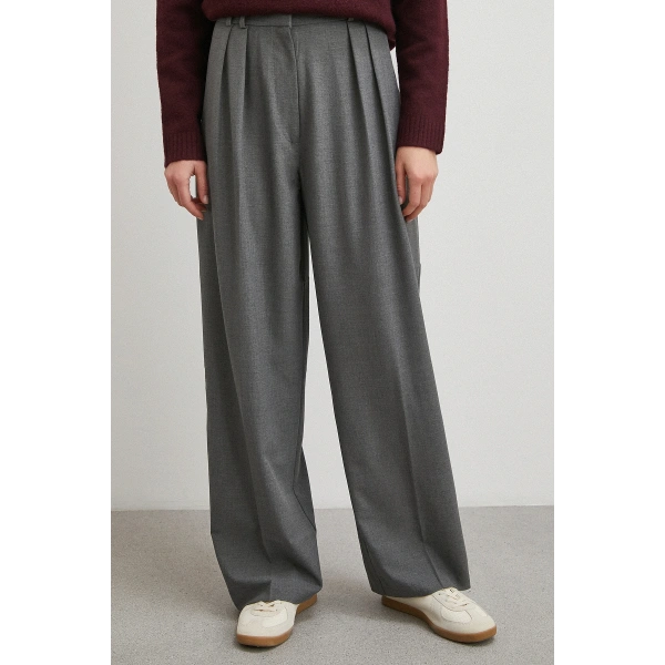 Yüksek Bel Pileli Palazzo Pantolon Gri