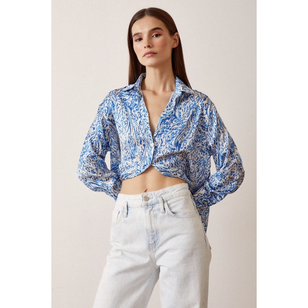 V Yaka Desenli Saten Gömlek Saks