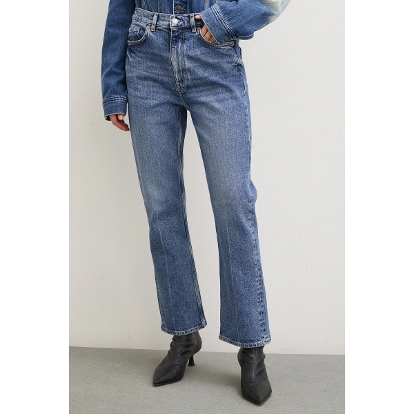 Yüksek Bel Boru Paça Jean Mavi