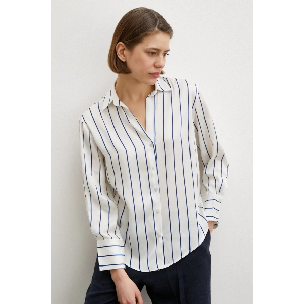 İnce Çizğili Şifon Gömlek Ekru