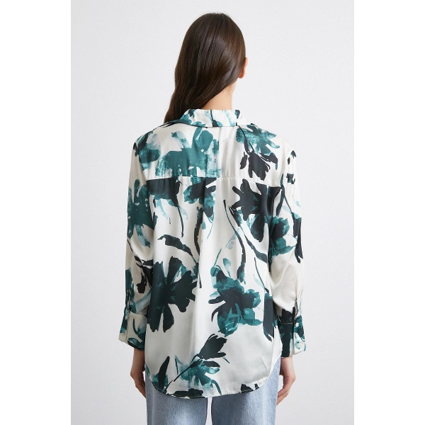 Saten Yüzeyli Desenli Gömlek Yeşil