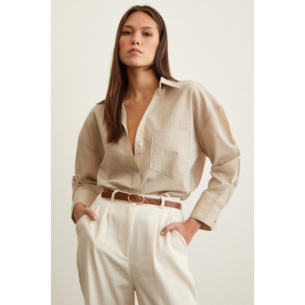 Çizgili Oversize Gömlek Bej