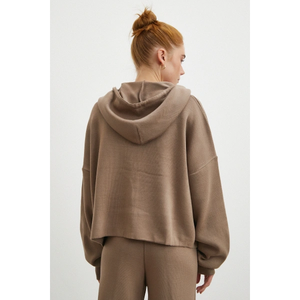 Çift Fermuarlı Kapüşonlu Pantolonlu Takım Vizon