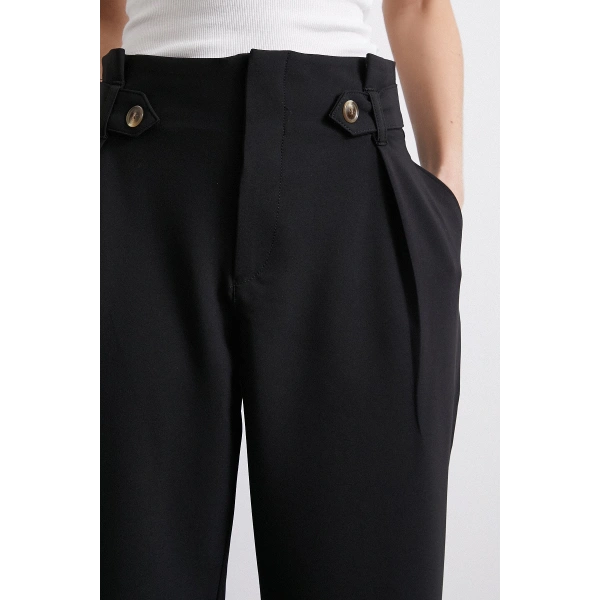 Bel Detaylı Wide Leg Pantolon Siyah