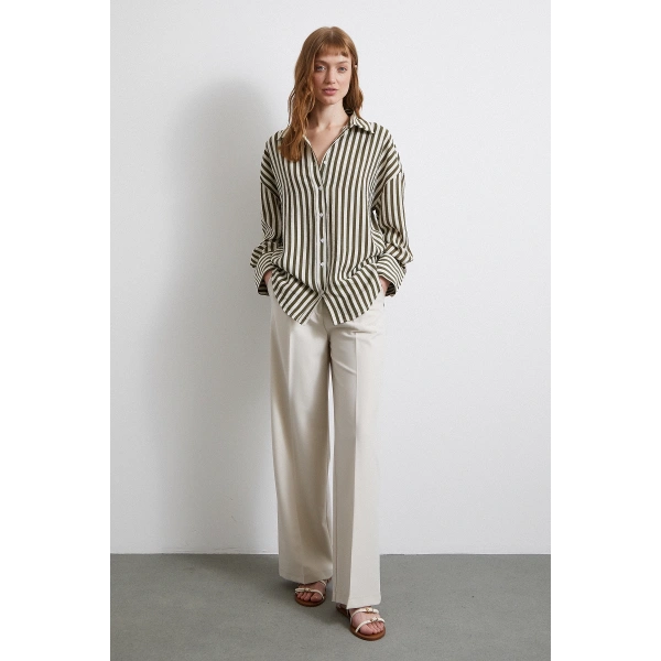 Çizgili T Kol Gömlek Haki