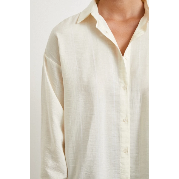 Çift Çizgili Modal Gömlek Ekru