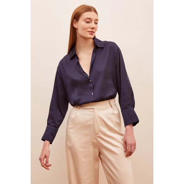 Basic Saten Gömlek Lacivert