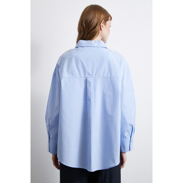 Omuzda Boncuk Detaylı  Oversize Gömlek Mavi