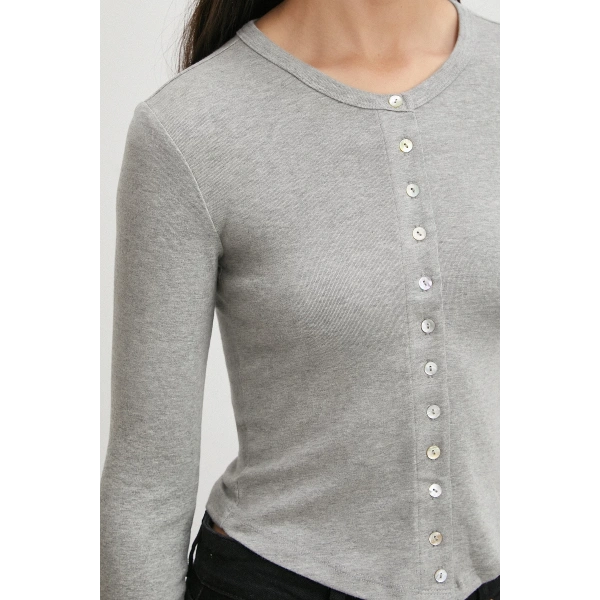 Düğmeli Uzun Kol Bluz Gri