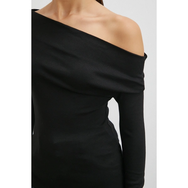 Omuz Pileli Uzun Kol Bluz Siyah