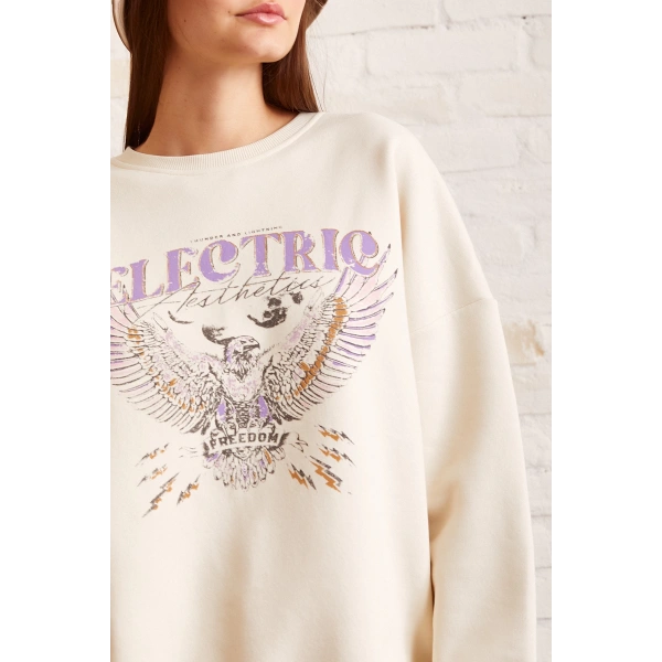 Bisiklet Yaka Baskılı Sweatshirt Krem