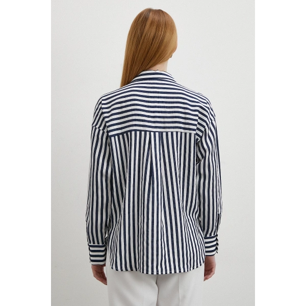 Multi Çizgili Cepli Gömlek Lacivert