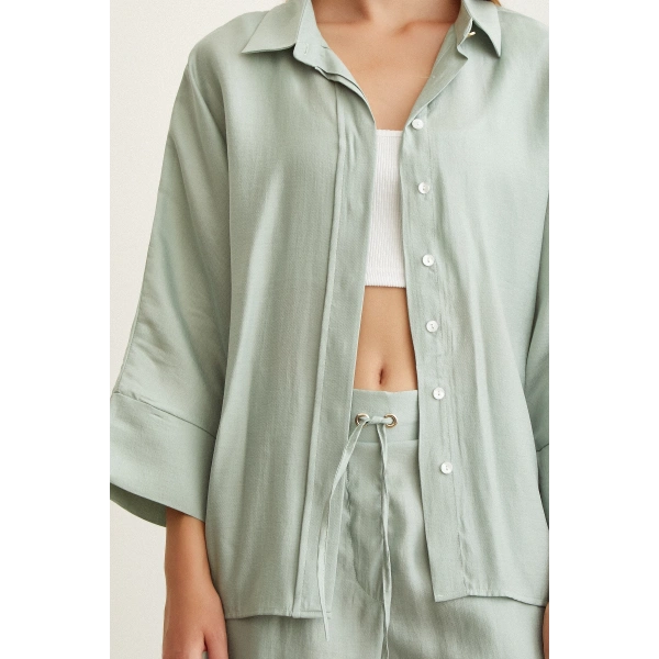 Yarasa Kol Keten Gömlek Mint