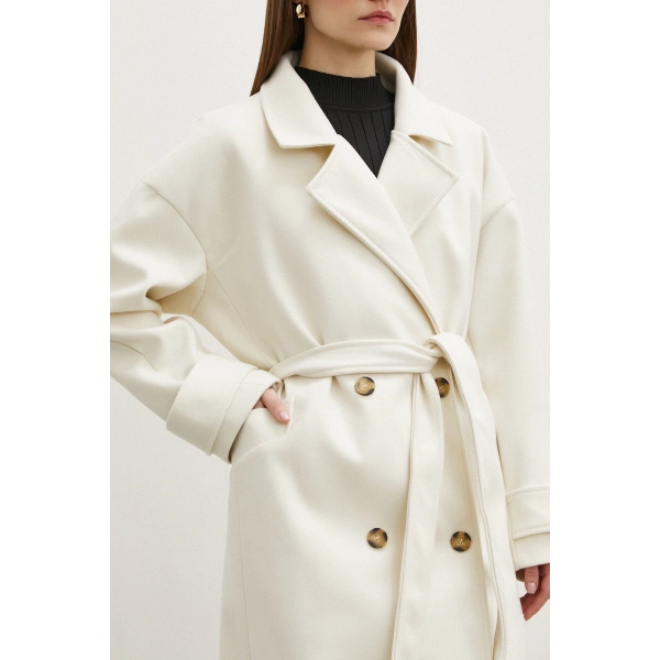 Kol Detaylı Robalı Kaşe Kaban Ekru