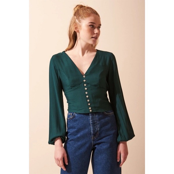 Düğme Detaylı V Yaka Uzun Kol Bluz Yeşil