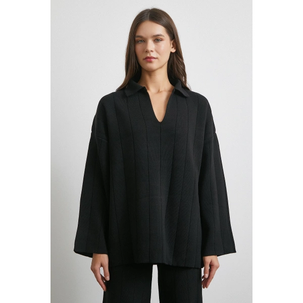 Polo Yaka Pantolonlu Triko Takım Siyah