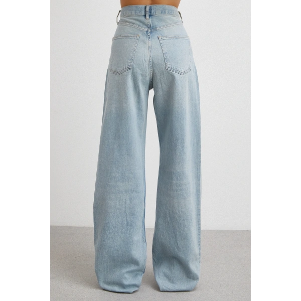 Yüksek Bel Kesik Paça Straight Buz Mavisi