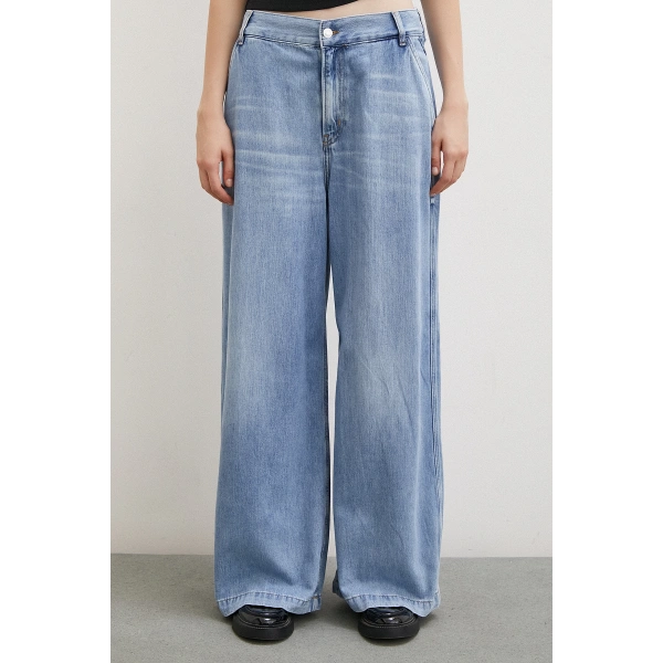 Yüksek Bel Geniş Paça Jean Buz Mavisi