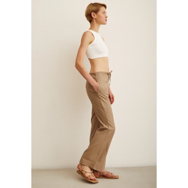 Beli Lastikli Biyeli Yüksek Bel Pantolon Haki