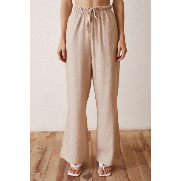 Beli Lastikli Biyeli Yüksek Bel Pantolon Bej