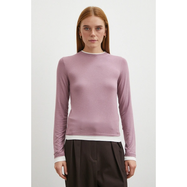 Garnili Bisiklet Yaka Bluz Lila