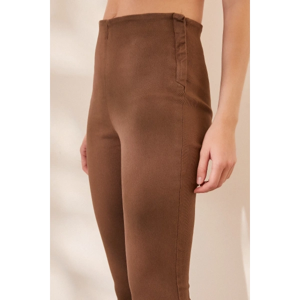 Fermuarlı Tayt Pantolon Kahve