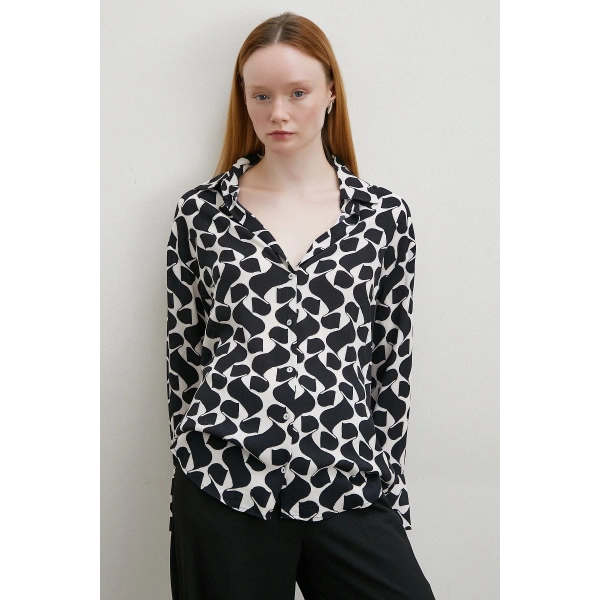 Kontrast Desenli Maroken Viskon Gömlek Siyah