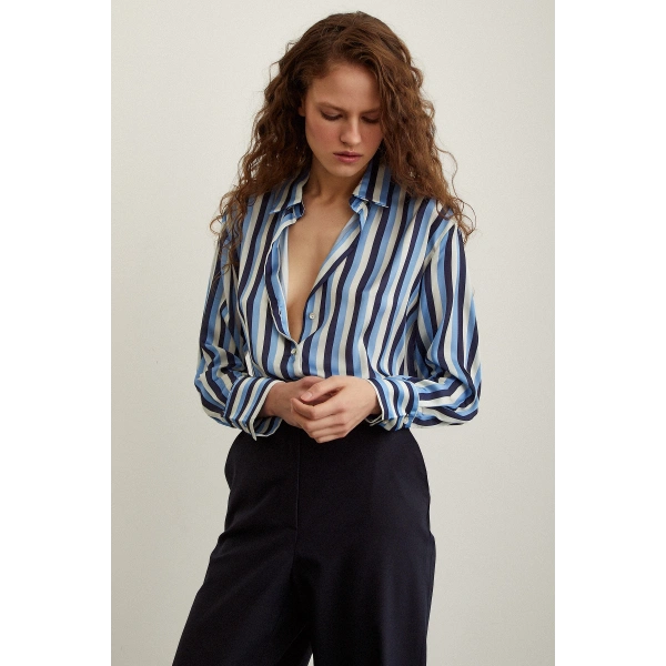 Çizgili Saten Gömlek Lacivert