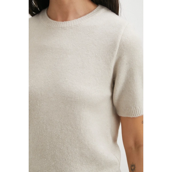 Simli Kısa Kol Kazak Bej