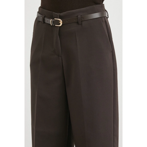 Yüksek Bel Paça Detaylı Kemerli Pantolon Kahve