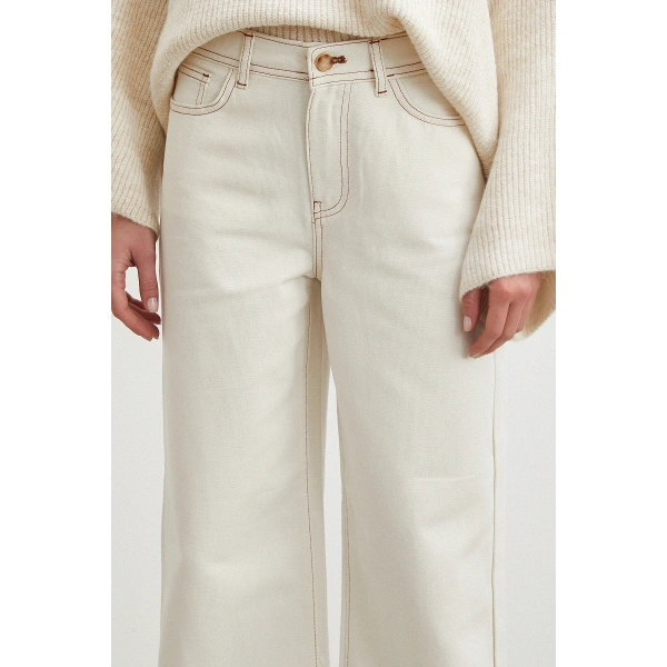 Yüksek Bel Baggy Jean Kırık Beyaz