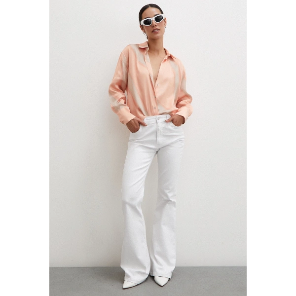 Desenli V Yaka Saten Gömlek Somon