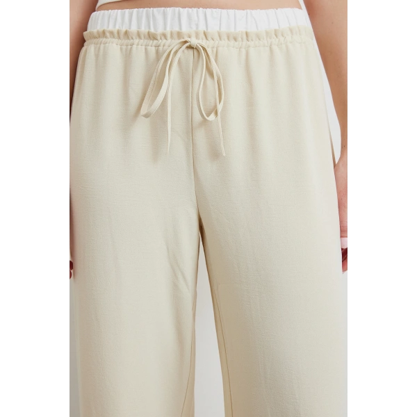 Bel Bantlı Wide Leg Pantolon Krem