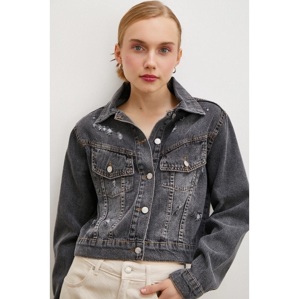 Sırtı Nakışlı Kot Mont Antirasit