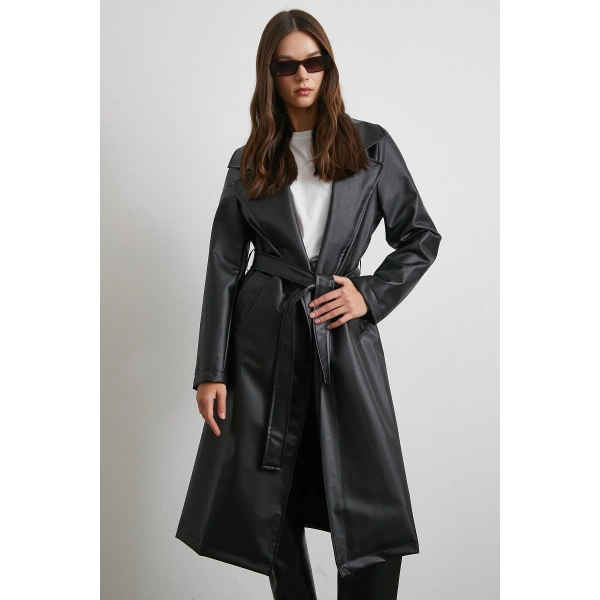 Kuşaklı Deri Pardesü Siyah