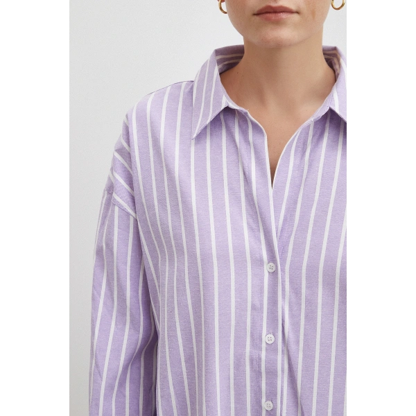 Uzun Kollu Çizgili Gömlek Lila