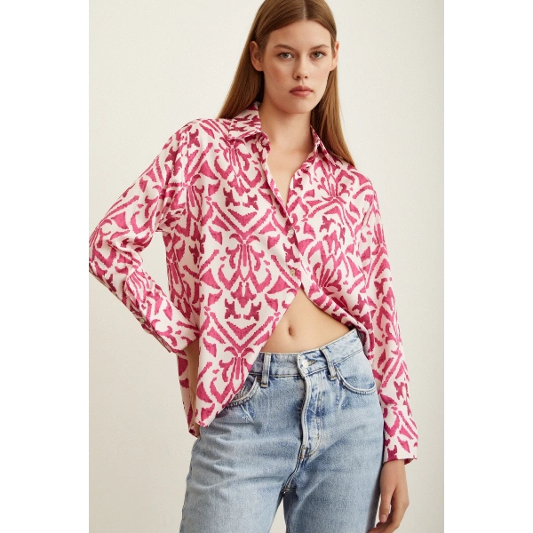 V Yaka Desenli Saten Gömlek Fuşya