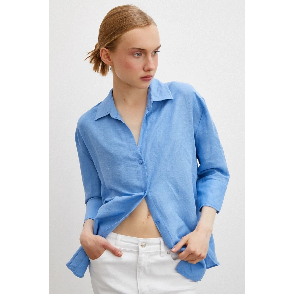 Fakir Kol Keten Gömlek Mavi