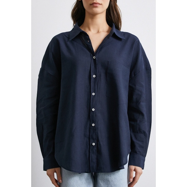 Cepli Oversize Keten  Gömlek Lacivert