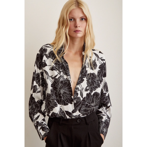 Desenli Viskon Gömlek Siyah