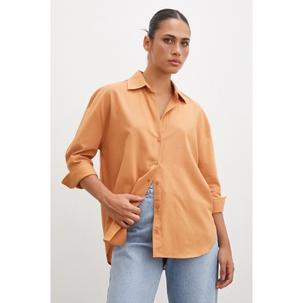 Geniş Manşetli Keten Gömlek Kahve