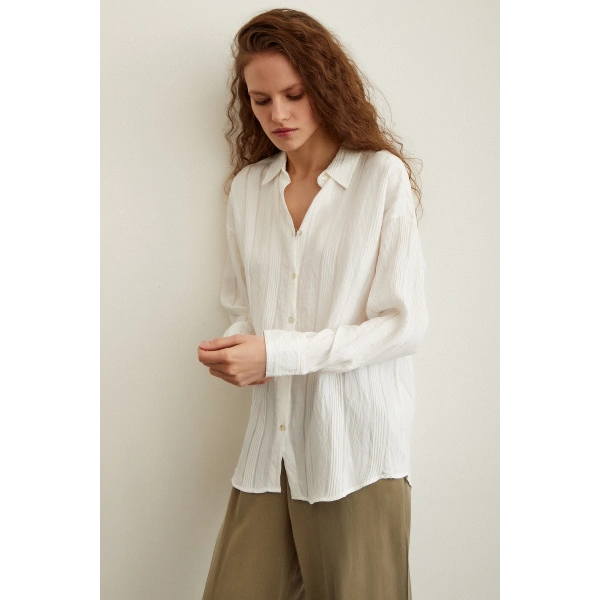 Dokulu Çizgili Gömlek Beyaz