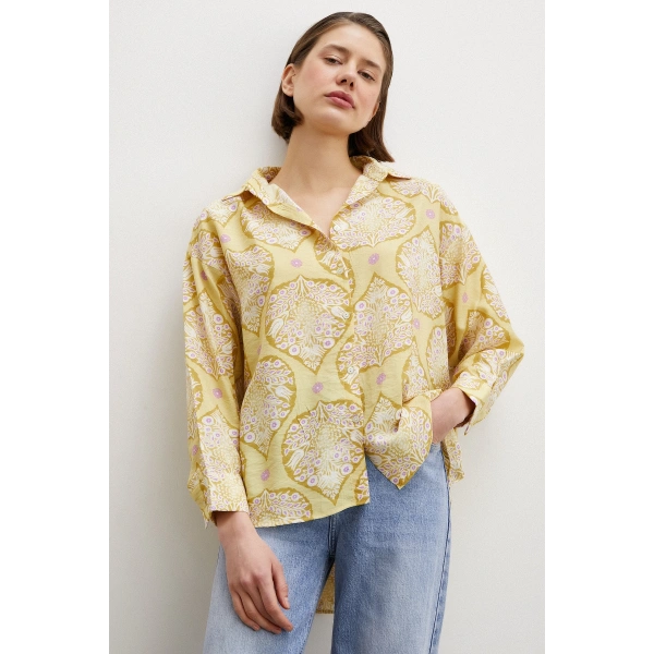 Çini Desenli Modal Gömlek Sarı