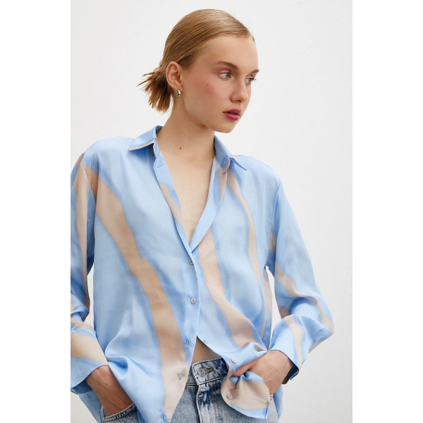 Desenli V Yaka Saten Gömlek Mavi