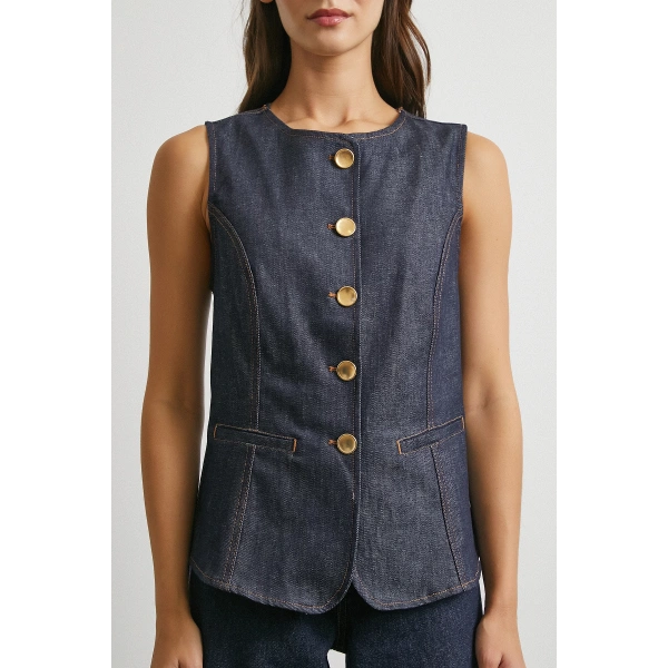 Bisiklet Yaka Metal Düğmeli Denim Yelek Lacivert